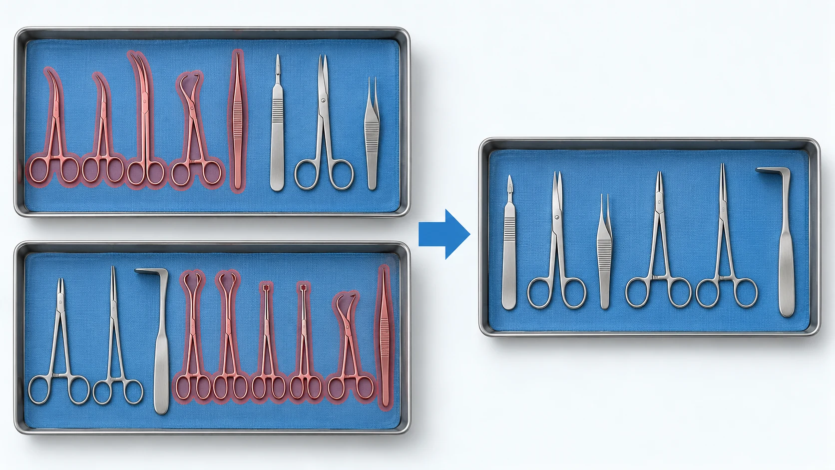 Two instrument trays with unused instruments highlighted in red, consolidated into one smaller tray holding only the instruments the case uses.